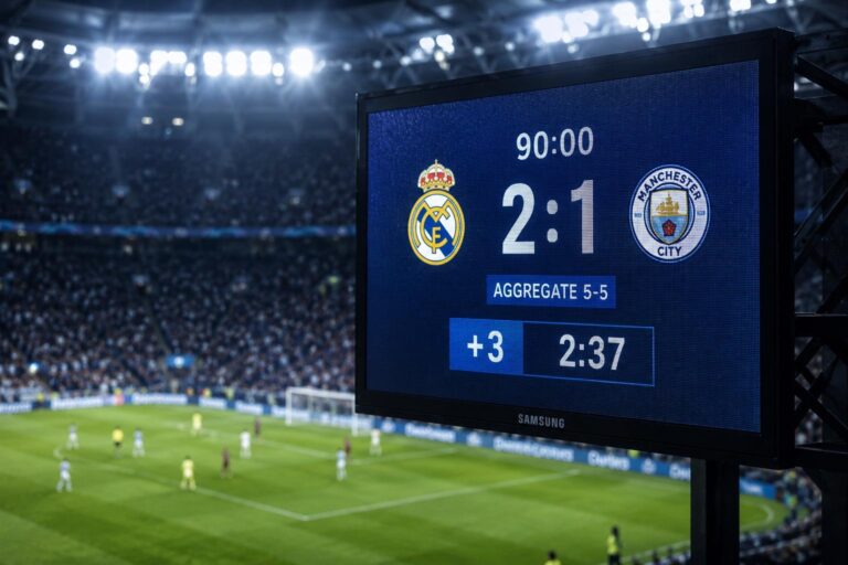 Stadium scoreboard showing added time displayed after 90 minutes in a football match, illustrating what AET (after extra time) means