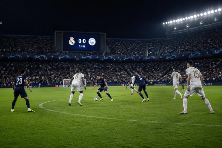 Live stadium scoreboard showing Real Madrid 0-0 Manchester City during a Champions League match, illustrating how an aggregate score is tracked across two legs
