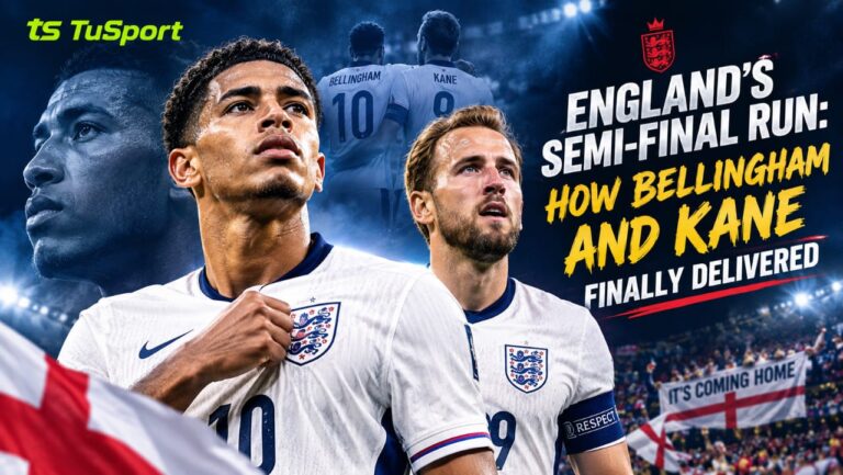 Jude Bellingham celebrating with Harry Kane after an England win at the 2026 FIFA World Cup