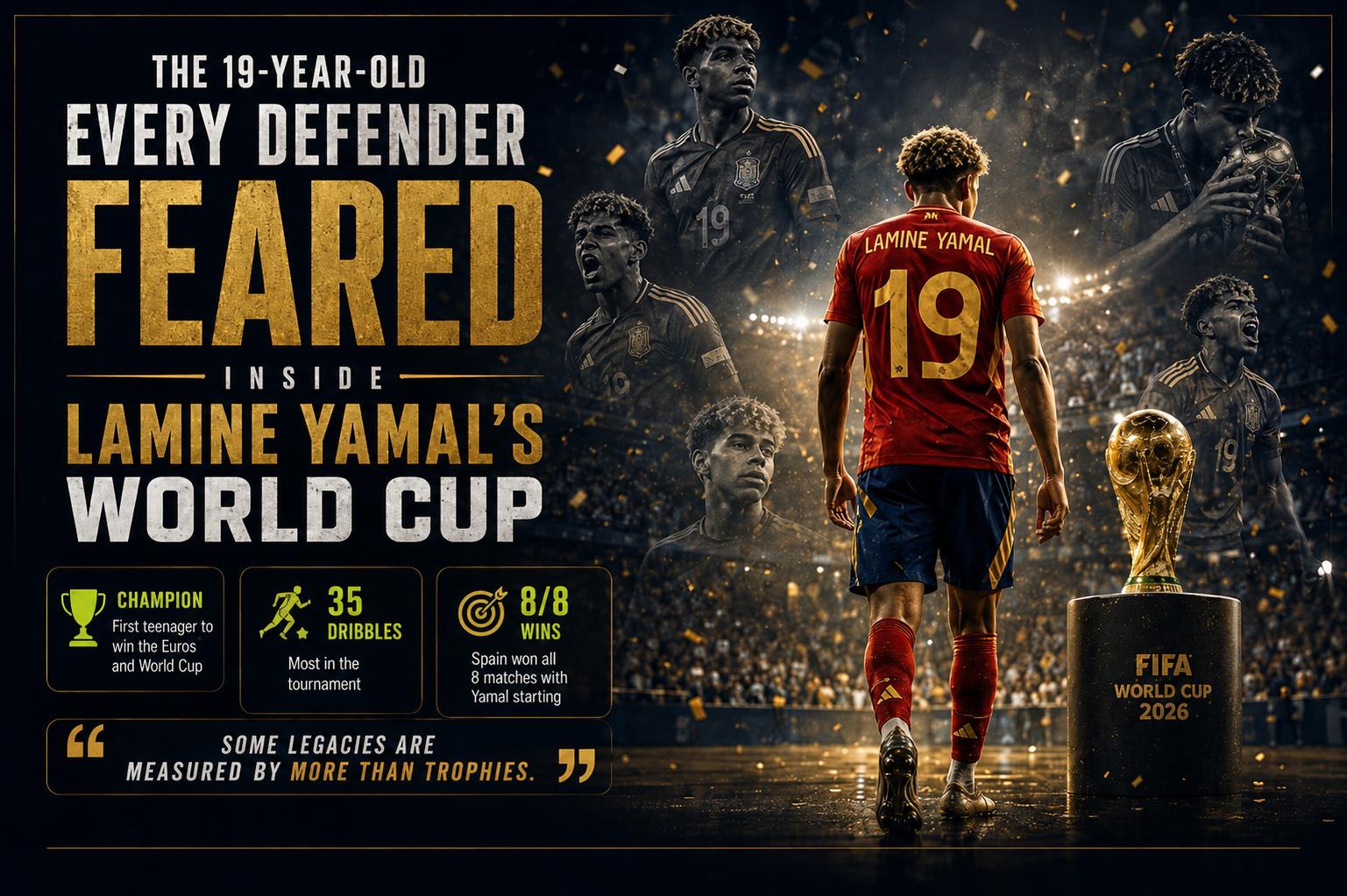 Lamine Yamal celebrating after winning the 2026 FIFA World Cup with Spain at 19 years old