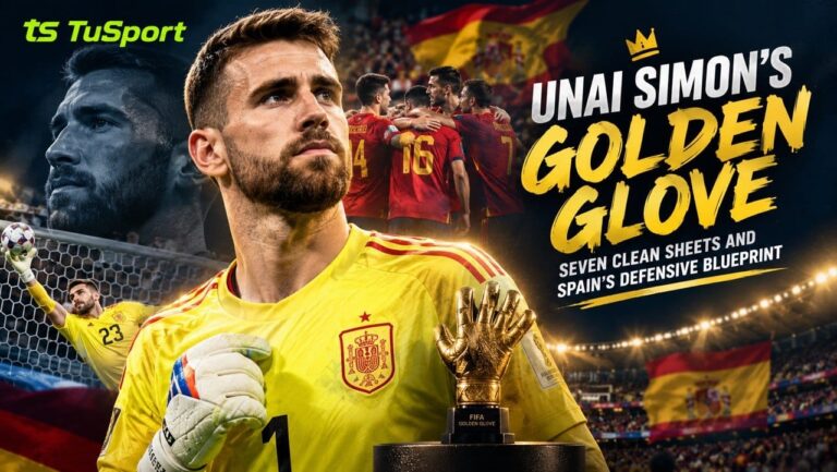 Unai Simon holding the FIFA World Cup Golden Glove trophy after Spain's 2026 World Cup win