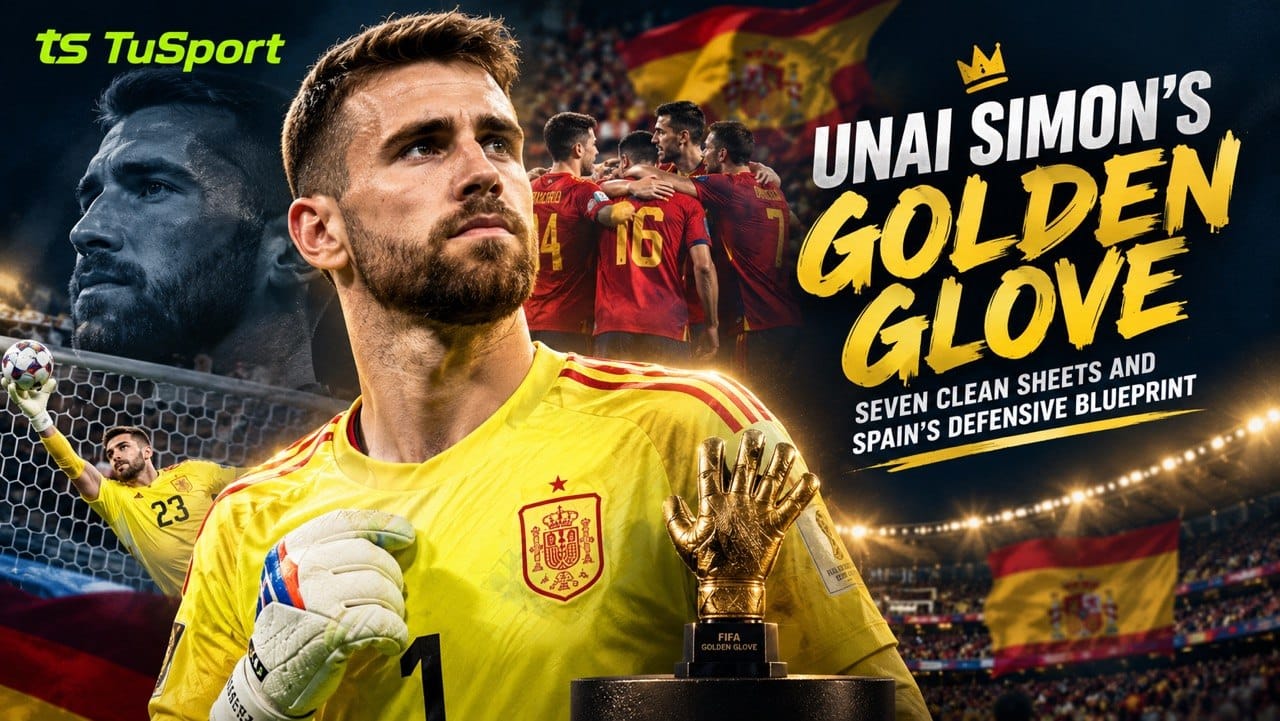 Unai Simon holding the FIFA World Cup Golden Glove trophy after Spain's 2026 World Cup win