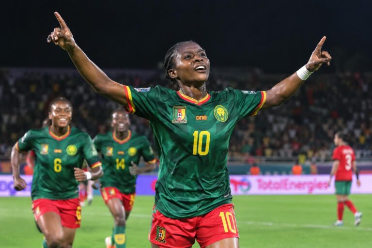 Cameroon players celebrating their first WAFCON title after shocking host nation Morocco at WAFCON 2026