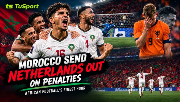 Morocco players celebrating after beating the Netherlands on penalties at the 2026 FIFA World Cup