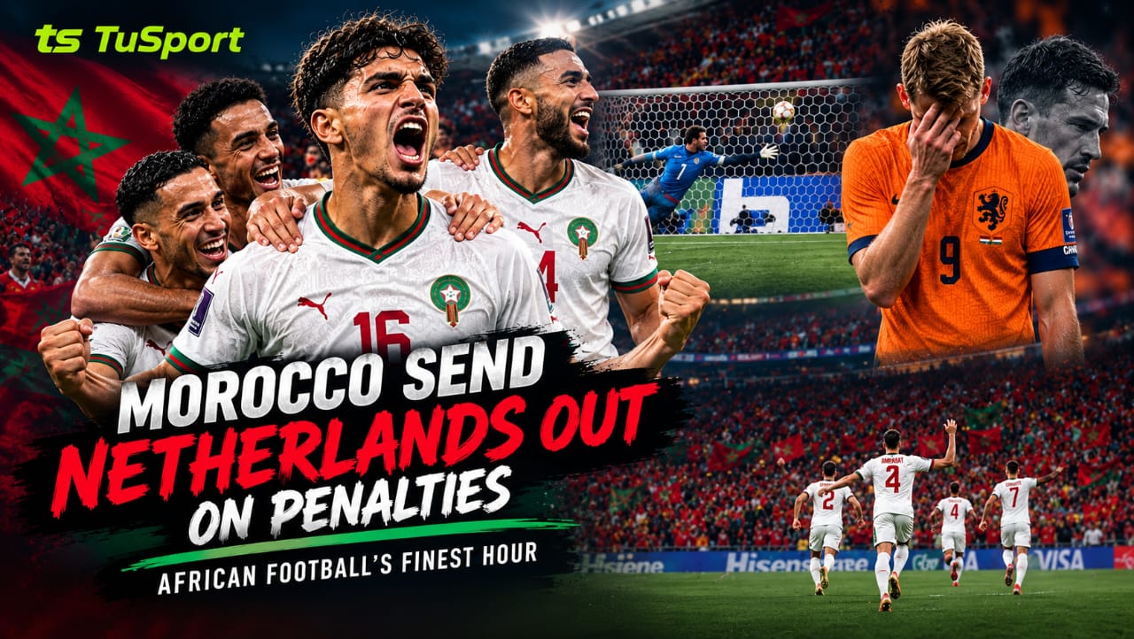 Morocco players celebrating after beating the Netherlands on penalties at the 2026 FIFA World Cup