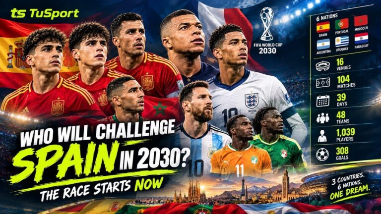 Spain players celebrating the 2026 FIFA World Cup title as the countdown to the 2030 World Cup begins