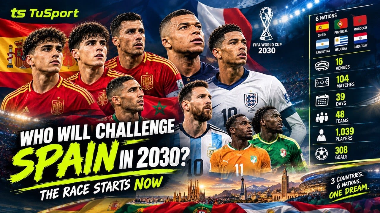 Spain players celebrating the 2026 FIFA World Cup title as the countdown to the 2030 World Cup begins